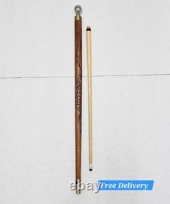 Vtg Dragon Carved Wood & Brass Walking Stick Inside Cane 2 Piece Pool Cue
