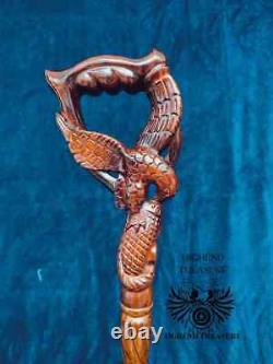 WALKING STICK Eagle and Fish Carved Cane comfortable handle, Halloween gift