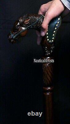 WALKING STICK Hand Carved Horse Head Handle Wooden