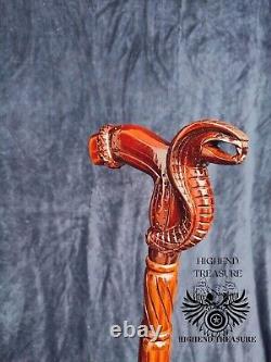 WALKING STICK Handcrafted Wooden Carved Cane with Captivating Cobra Design