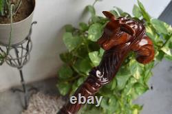 WALKING STICK, Wooden Carved Face of Ox Bull Head Handle Walking Cane Wood