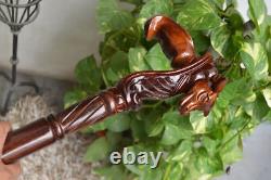 WALKING STICK, Wooden Carved Face of Ox Bull Head Handle Walking Cane Wood