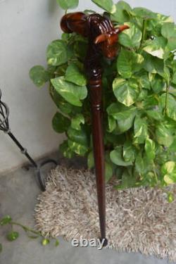 WALKING STICK, Wooden Carved Face of Ox Bull Head Handle Walking Cane Wood