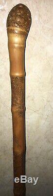 WWII Era Antique Japanese Carved And Signed Bamboo Walking Stick Fishing Pole