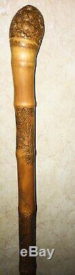 WWII Era Antique Japanese Carved And Signed Bamboo Walking Stick Fishing Pole