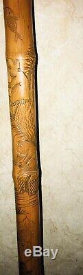 WWII Era Antique Japanese Carved And Signed Bamboo Walking Stick Fishing Pole