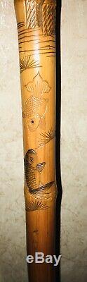 WWII Era Antique Japanese Carved And Signed Bamboo Walking Stick Fishing Pole