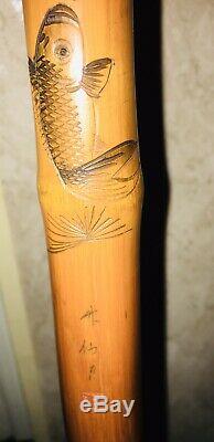 WWII Era Antique Japanese Carved And Signed Bamboo Walking Stick Fishing Pole