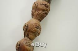 Walking Cane Stick Antique Carved Wood Designer Faces Seven Gods 19th century