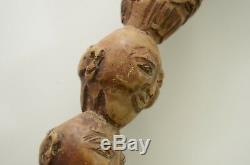 Walking Cane Stick Antique Carved Wood Designer Faces Seven Gods 19th century