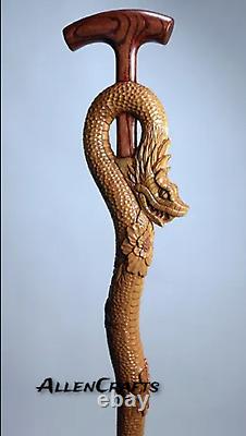 Walking Cane for Carving Dragon carved Wooded Walking stick Fully Unique Cane