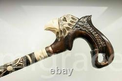 Walking STICK EAGLE with Handle cane Wood Carving Unique Brown Wooden Handmade