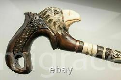 Walking STICK EAGLE with Handle cane Wood Carving Unique Brown Wooden Handmade