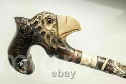 Walking STICK EAGLE with Handle cane Wood Carving Unique Brown Wooden Handmade