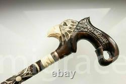 Walking STICK EAGLE with Handle cane Wood Carving Unique Brown Wooden Handmade