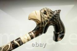 Walking STICK EAGLE with Handle cane Wood Carving Unique Brown Wooden Handmade