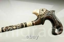 Walking STICK EAGLE with Handle cane Wood Carving Unique Brown Wooden Handmade