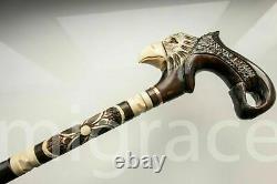 Walking STICK EAGLE with Handle cane Wood Carving Unique Brown Wooden Handmade