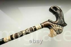 Walking STICK EAGLE with Handle cane Wood Carving Unique Brown Wooden Handmade