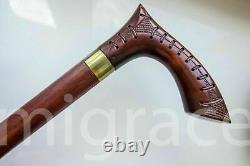 Walking STICK cane Wood Carving Unique Folk Brown Wooden Handmade PATHFINDER