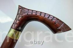 Walking STICK cane Wood Carving Unique Folk Brown Wooden Handmade PATHFINDER