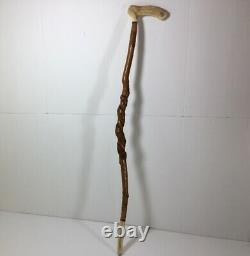 Walking Stick Cane Snake Hand Carved Stag Horn Handle Wood 37