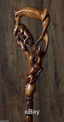 Walking Stick Cane Staff Lion Impala Hand Carved Wood Crafted men's women's