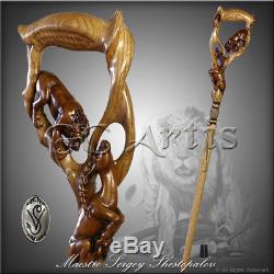 Walking Stick Cane Staff Lion Impala Hand Carved Wood Crafted men's women's