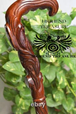 Walking Stick Cane Wood carved crafted crook handle Pilgrim Walking Cane