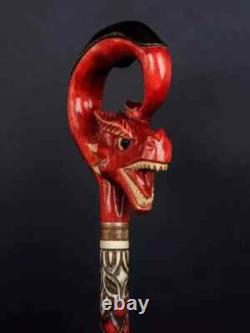 Walking Stick Carved Red Dragon Artisan Cane Wooden Handmade Exclusive Victorian