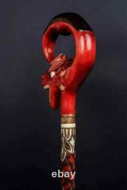 Walking Stick Carved Red Dragon Artisan Cane Wooden Handmade Exclusive Victorian