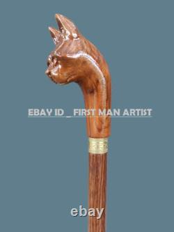 Walking Stick For Adults Hand Carved Cat Handle Wooden Walking Cane Animal
