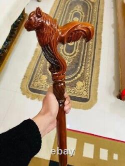 Walking Stick, Handmade Wood Crafted Comfortable Cane Wolf Carved Cane Wooden