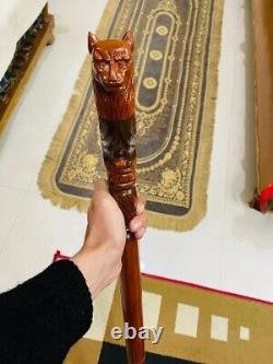 Walking Stick, Handmade Wood Crafted Comfortable Cane Wolf Carved Cane Wooden