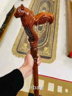 Walking Stick Handmade Wood Crafted Comfortable Cane Wolf Carved Cane Wooden