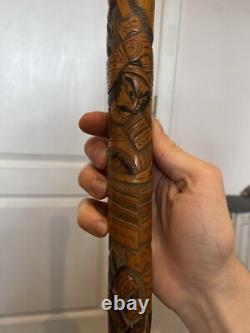 Walking Stick Japanese Carved Bamboo Carved Depicting Samurai and Snake