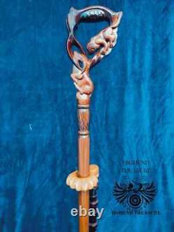 Walking Stick Wood Carved Lion And Gazelle Cane handmade