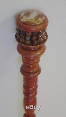 Walking Stick Wood Hand-Carved with Botswana Agate Gemstone & Sterling Silver