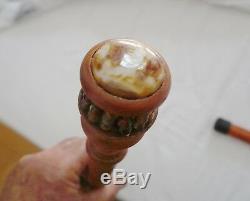 Walking Stick Wood Hand-Carved with Botswana Agate Gemstone & Sterling Silver