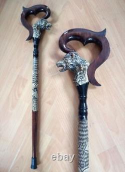 Walking Stick cane wolf Carved handle and staff Wood walking stick Hand carved