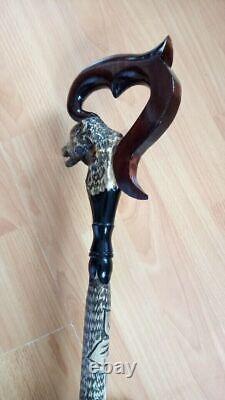 Walking Stick cane wolf Carved handle and staff Wood walking stick Hand carved