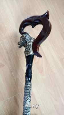 Walking Stick cane wolf Carved handle and staff Wood walking stick Hand carved