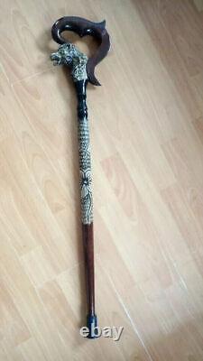 Walking Stick cane wolf Carved handle and staff Wood walking stick Hand carved