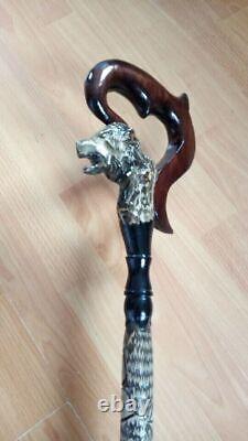 Walking Stick cane wolf Carved handle and staff Wood walking stick Hand carved