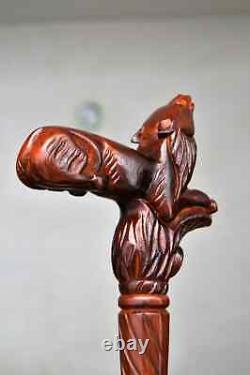 Walking Stick with Natural Wood Wolf Wooden hand Carved Cane Unique Handcrafted