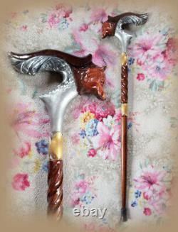 Walking cane men Hand carved walking stick the fox Wood walking cane hand