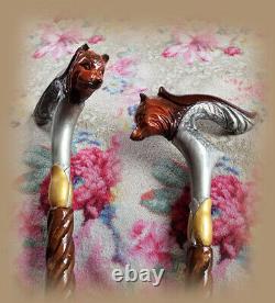 Walking cane men Hand carved walking stick the fox Wood walking cane hand