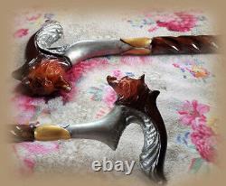 Walking cane men Hand carved walking stick the fox Wood walking cane hand