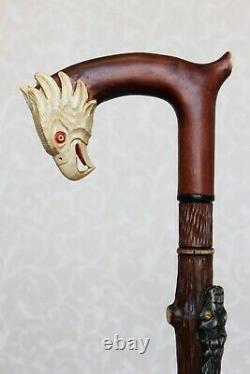 Walking stick cane American eagle & Snake Carved handle and staff Wooden cane
