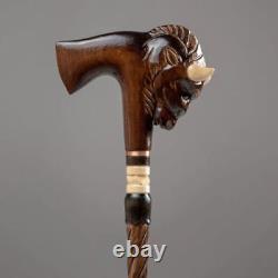 Walking stick carved wood with rubber tip, Bull head walking cane for Adult